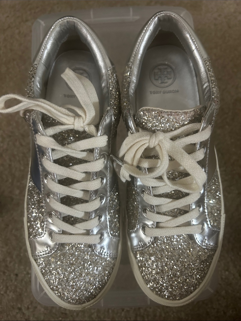 Tory Burch Silver Glitter Low-Top Sneakers with Cream Laces